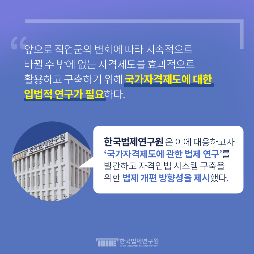 앞으로 직업군의 변화에 따라 지속적으로 바뀔 수 밖에 없는 자격제도를 효과적으로 활용하고 구축하기 위해 국가자격제도에 대한 입법적 연구가 필요하다. 한국법제연구원은 이에 대응하고자 '국가자격제도에 관한 법제 연구' 를 발간하고 자격입법 시스템 구축을 위한 법제 개편 방향성을 제시했다.