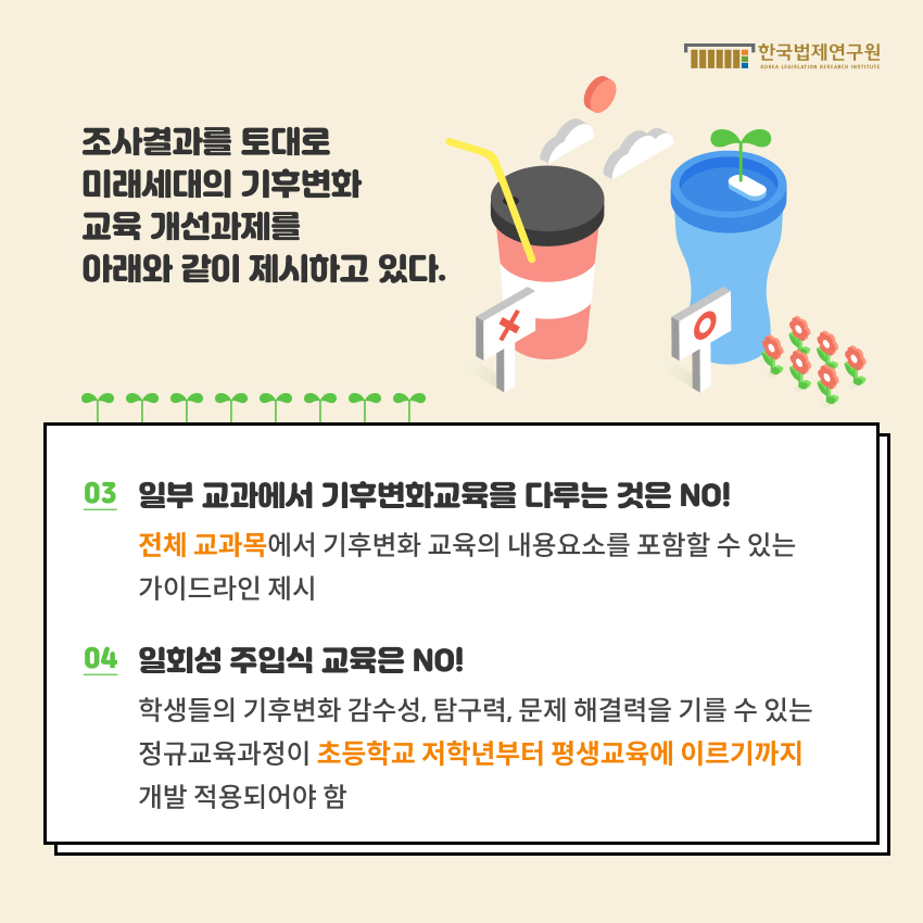 03. 일부 교과에서 기후변화교육을 다루는 것은 NO! 전체 교과목에서 기후변화 교육의 내용요소를 포함할 수 있는 가이드라인 제시.   04. 일회성 주입식 교육은 NO! 학생들의 기후변화 감수성, 탐구력, 문제 해결력을 기를 수 있는 정규교육과정이 초등학교 저학년부터 평생교육에 이르기까지 개발 적용되어야 함