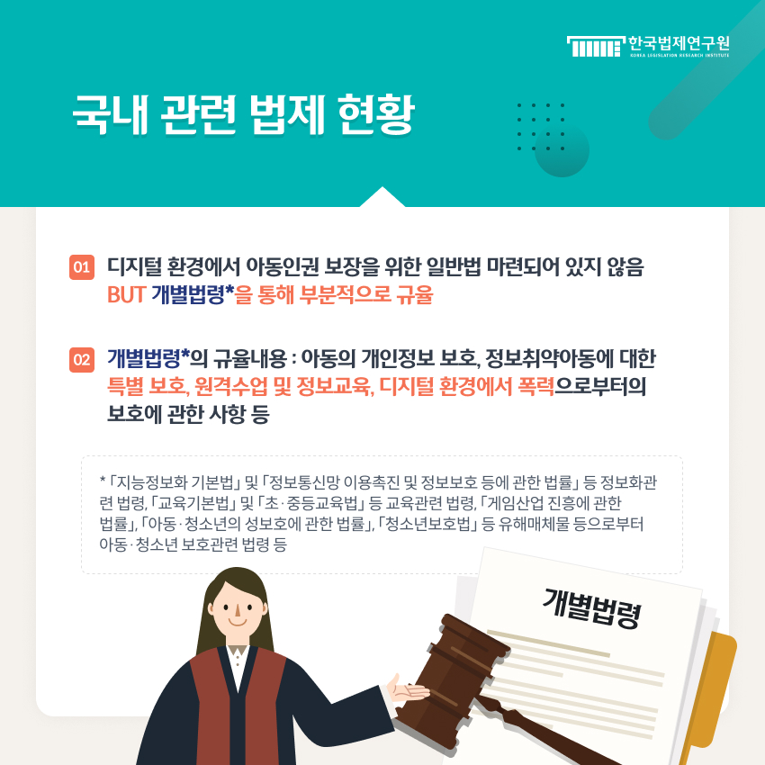 국내 관련 법제 현황  - 디지털 환경에서 아동인권 보장을 위한 일반법 마련되어 있지 않음 BUT 개별법령*을 통해 부분적으로 규율  - 개별법령*의 규율내용 : 아동의 개인정보 보호, 정보취약아동에 대한 특별 보호, 원격수업 및 정보교육, 디지털 환경에서 폭력으로부터의 보호에 관한 사항 등   * ｢지능정보화 기본법｣ 및 ｢정보통신망 이용촉진 및 정보보호 등에 관한 법률｣ 등 정보화관련 법령, ｢교육기본법｣ 및 ｢초·중등교육법｣ 등 교육관련 법령, ｢게임산업 진흥에 관한 법률｣, ｢아동·청소년의 성보호에 관한 법률｣, ｢청소년보호법｣ 등 유해매체물 등으로부터 아동·청소년 보호관련 법령 등