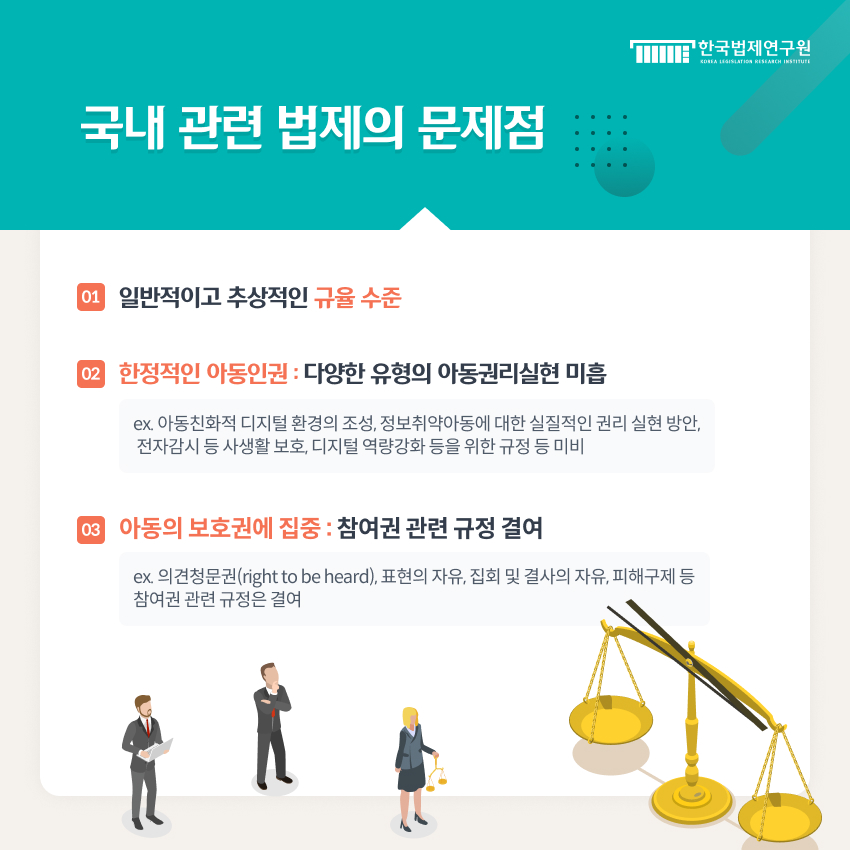 국내 관련 법제의 문제점  ① 일반적이고 추상적인 규율 수준  ② 한정적인 아동인권 : 다양한 유형의 아동권리실현 미흡  ex. 아동친화적 디지털 환경의 조성, 정보취약아동에 대한 실질적인 권리 실현 방안, 전자감시 등 사생활 보호, 디지털 역량강화 등을 위한 규정 등 미비  ③ 아동의 보호권에 집중 : 참여권 관련 규정 결여  ex. 의견청문권(right to be heard), 표현의 자유, 집회 및 결사의 자유, 피해구제 등 참여권 관련 규정은 결여