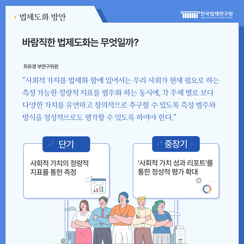 7 법제도화 방안 > 바람직한 법제도화는 무엇일까? > 최유경 부연구위원→ “사회적 가치를 법제화 함에 있어서는 우리 사회가 현재 필요로 하는 측정 가능한 정량적 지표를 범주화 하는 동시에, 각 주체 별로 보다 다양한 가치를 유연하고 창의적으로 추구할 수 있도록 측정 범주와 방식을 정성적으로도 평가할 수 있도록 하여야 한다.” 단기적 방안으로는 사회적 가치의 정량적 지표를 통한 측정. 중장기 방안으로는 '사회적 가치 성과 리포트'를 통한 정성적 평가 확대 방안이 있다.