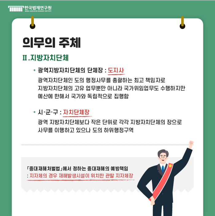 의무의 주체 : Ⅱ. 지방자치단체- ·광역지방자치단체의 단체장 : 도지사 (광역자치단체인 도의 행정사무를 총괄하는 최고 책임자로 지방자치단체의 고유 업무뿐만 아니라 국가위임업무도 수행하지만 예산에 한해서 국가와 독립적으로 집행함 / ·시·군·구 : 자치단체장(광역 지방자치단체보다 작은 단위로 각각 지방자치단체의 장으로 사무를 이행하고 있으나 도의 하위행정구역 /「중대재해처벌법」에서 정하는 중대재해의 예방책임 : 지자체의 경우 재해발생시설이 위치한 관할 지자체장