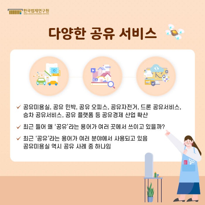 [다양한 공유 서비스] : 공유미용실, 공유 민박, 공유 오피스, 공유자전거, 드론 공유서비스, 승차 공유서비스, 공유 플랫폼 등 공유경제 산업 확산 / 최근 들어 왜 ‘공유’라는 용어가 여러 곳에서 쓰이고 있을까? / 최근 ‘공유’라는 용어가 여러 분야에서 사용되고 있음, 공유미용실 역시 공유 사례 중 하나임