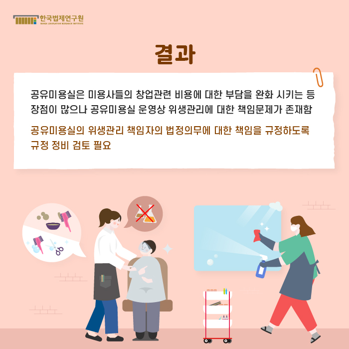 [결과] : 공유미용실은 미용사들의 창업관련 비용에 대한 부담을 완화 시키는 등 장점이 많으나 공유미용실 운영상 위생관리에 대한 책임문제가 존재함, 공유미용실의 위생관리 책임자의 법정의무에 대한 책임을 규정하도록 규정 정비 검토 필요