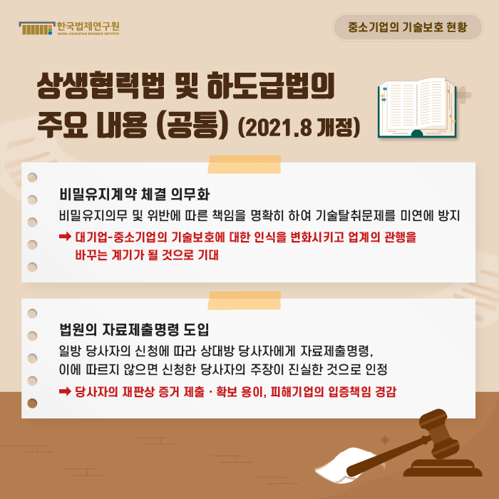 중소기업의 기술보호 현황 : 상생협력법 및 하도급법의 주요 내용 (공통) (2021.8 개정) / 1. 비밀유지계약 체결 의무화 : 비밀유지의무 및 위반에 따른 책임을 명확히 하여 기술탈취문제를 미연에 방지 -> 대기업-중소기업의 기술보호에 대한 인식을 변화시키고 업계의 관행을 바꾸는 계기가 될 것으로 기대 2. 법원의 자료제출명령 도입 : 일방 당사자의 신청에 따라 상대방 당사자에게 자료제출명령, 이에 따르지 않으면 신청한 당사자의 주장이 진실한 것으로 인정 -> 당사자의 재판상 증거 제출ㆍ확보 용이, 피해기업의 입증책임 경감