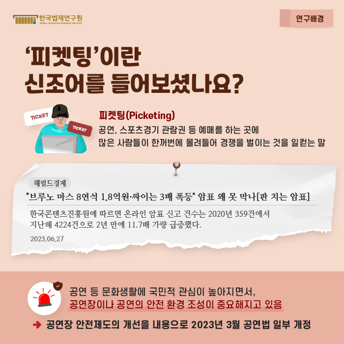 연구배경 : 피켓팅이란 신조어를 들어보셨나요? / 피켓팅(Picketing) : 공연, 스포츠경기 관람권 등 예매를 하는 곳에 많은 사람들이 한꺼번에 몰려들어 경쟁을 벌이는 것을 일컫는 말 / (헤럴드경제) 브루노 마스 8연석 1.8억원·싸이는 3배 폭등 암표 왜 못 막나[판 치는 암표], 한국콘텐츠진흥원에 따르면 온라인 암표 신고 건수는 2020년 359건에서 지난해 4224건으로 2년 만에 11.7배 가량 급증했다. 2023.06.27. / 공연 등 문화생활에 국민적 관심이 높아지면서, 공연장이나 공연의 안전 환경 조성이 중요해지고 있음  -> 공연장 안전제도의 개선을 내용으로 2023년 3월 공연법 일부 개정