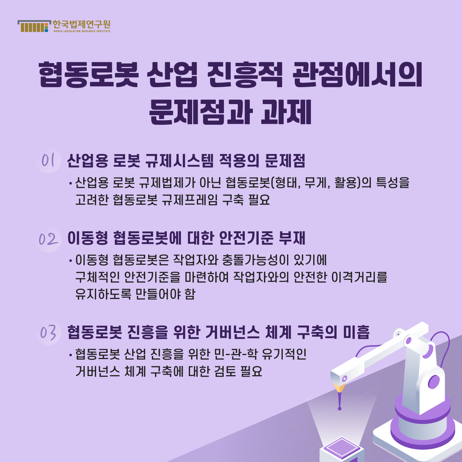 협동로봇 산업 진흥적 관점에서의 문제점과 과제 : 01 산업용 로봇 규제시스템 적용의 문제점 -산업용 로봇 규제법제가 아닌 협동로봇(형태, 무게, 활용)의 특성을 고려한 협동로봇 규제프레임 구축 필요 / 02 이동형 협동로봇에 대한 안전기준 부재 -이동형 협동로봇은 작업자와 충돌가능성이 있기에 구체적인 안전기준을 마련하여 작업자와의 안전한 이격거리를 유지하도록 만들어야 함 / 03 협동로봇 산업 진흥을 위한 민-관-학 유기적인 거버넌스 체계 구축에 대한 검토 필요