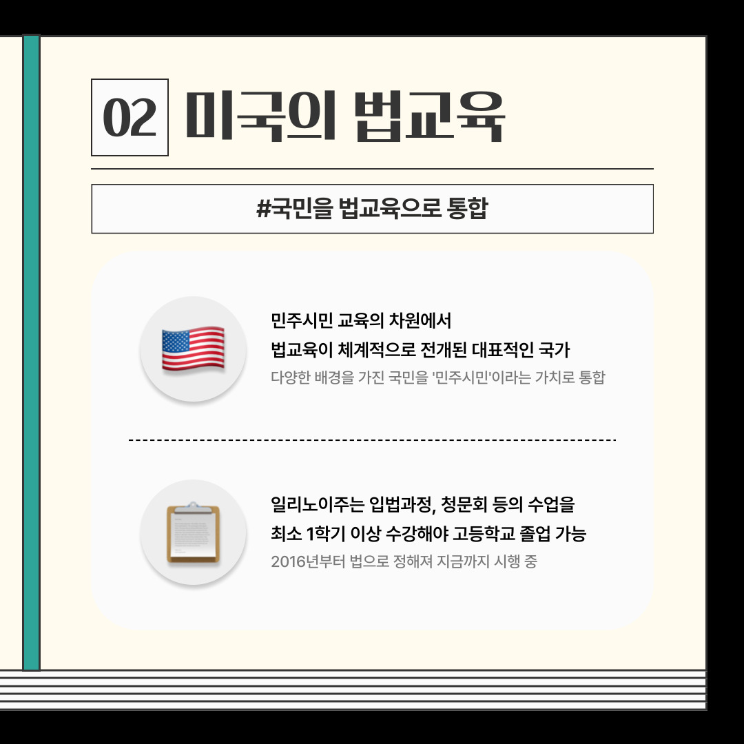 02. 미국의 법교육 #국민을 법교육으로 통합 미국은 민주시민 교육의 차원에서 법교육이 체계적으로 전개된 대표적인 국가, 다양한 배경을 가진 국민을 '민주시민'이라는 가치로 통합. 일리노이주는 입법과정, 청문회 등의 수업을 최소 1학기 이상 수강해야 고등학교 졸업 가능. 2016년부터 법으로 정해져 지금까지 시행 중.
