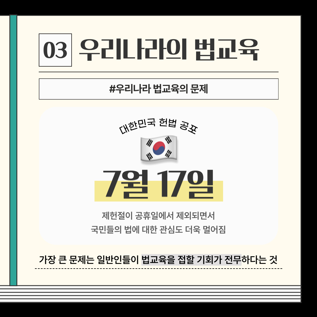 03. 우리나라의 법교육 #우리나라 법교육의 문제 대한민국 헌법 공포 7월17일 제헌절이 공휴일에서 제외되면서 국민들의 법에 대한 관심도 더욱 멀어짐. 가장 큰 문제는 일반인들이 법교육을 접할 기회가 전무하다는 것.