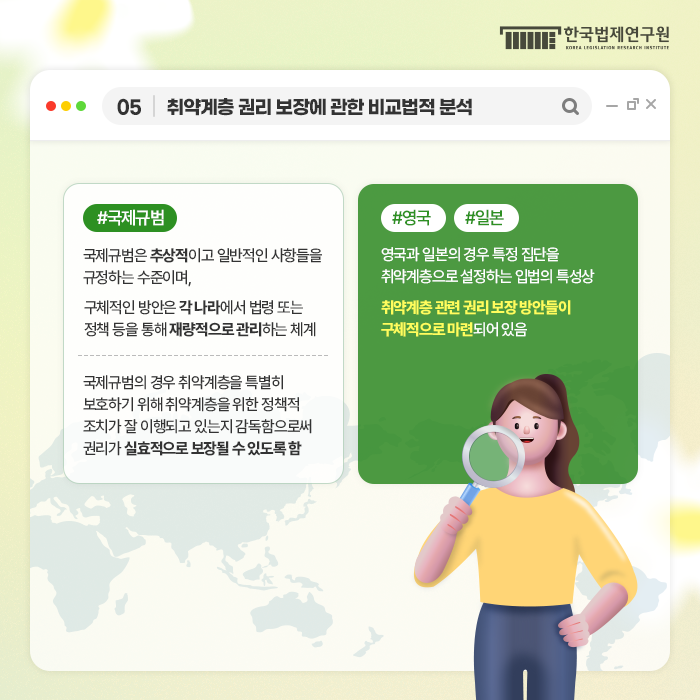 05 취약계층 권리 보장에 관한 비교법적 분석 #국제규법 국제규범은 추상적이고 일반적인 사항들을 규정하는 수준이며, 구체적인 방안은 각 나라에서 법령 또는 정책 등을 통해 재량적으로 관리하는 체계. 국제 규범의 경우 취약계층을 특별히 보호하기 위해 취약계층을 위한 정책적 조치가 잘 이행되고 있는지 감독함으로써 권리가 실효적으로 보장될 수 있도록 함.  #영국 #일본 영국과 일본의 경우 특정 집단을 취약계층으로 설정하는 입법의 특성상 취약게층 관련 권리 보장 방안들이 구체적으로 마련되어 있음
