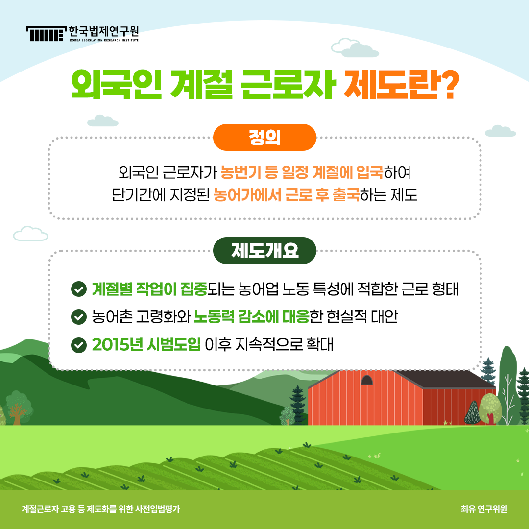 외국인 계절 근로자 제도란? 정의: 외국인 근로자가 농번기 등 일정 계절에 입국하여 단기간에 지정된 농어가에서 근로 후 출국하는 제도  제도개요: 계절별 작업이 집중되는 농어업 노동 특성에 적합한 근로 형태, 농어촌 고령화와 노동력 감소에 대응한 현실적 대안, 2015년 시범도입 이후 지속적으로 확대