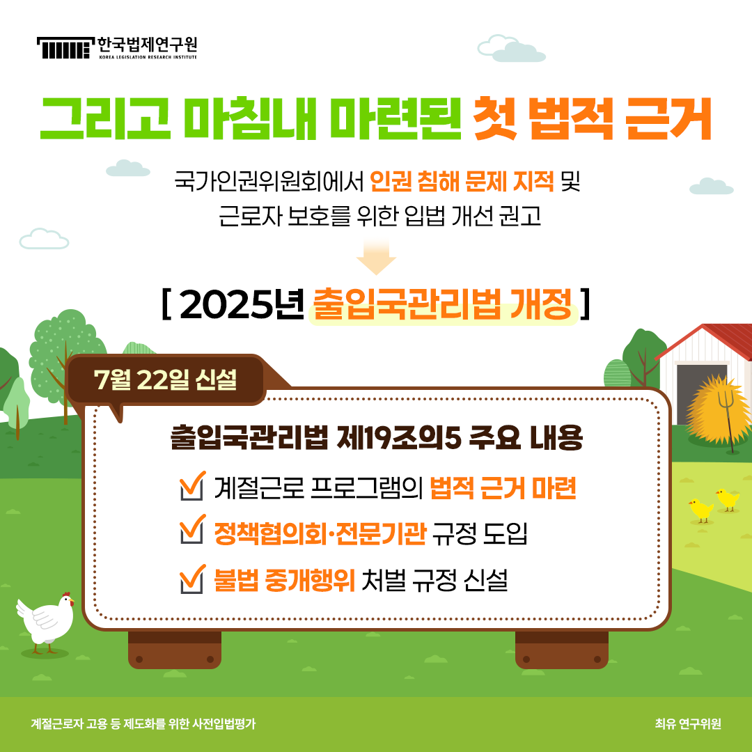 그리고 마침내 마련된 첫 법적 근거 국가인권위원회에서 인권 침해 문제 지적 및 근로자 보호를 위한 입법 개선 권고 -> 2025년 출입국관리법 개정 7월 22일 신설된 출입국관리법 제19조5의 주요 내용 -계절근로 프로그램의 법적 근거 마련 -정책협의회·전문기관 규정 도입 -불법 중개행위 처벌 규정 신설